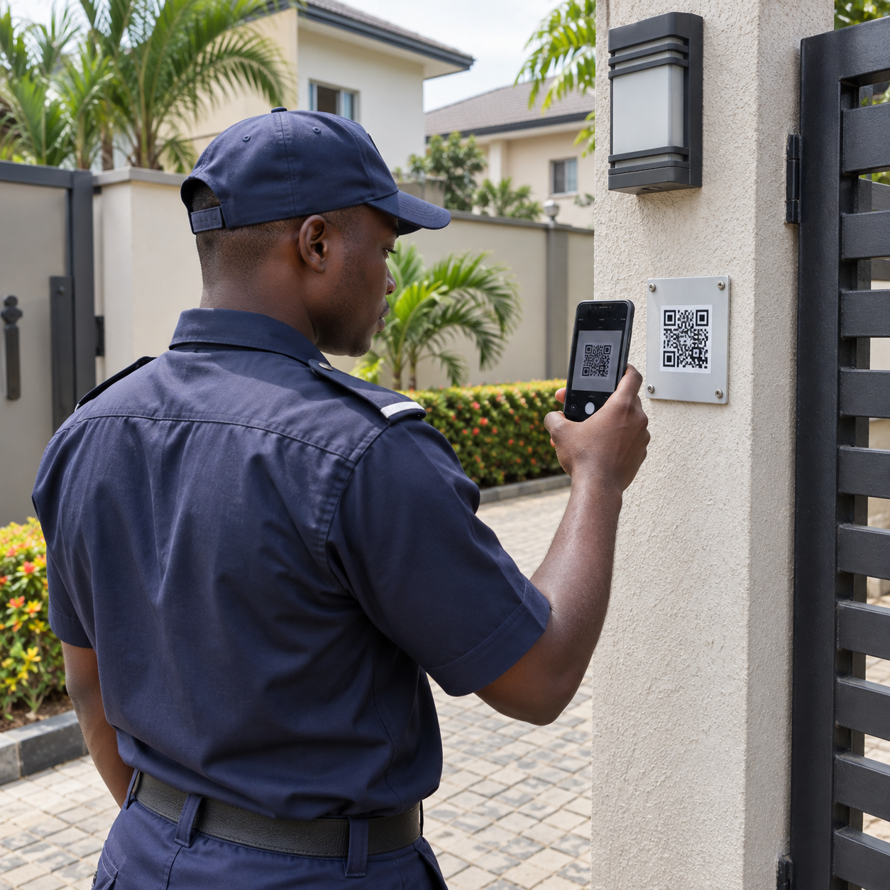 Guard scanning a checkpoint with a phone