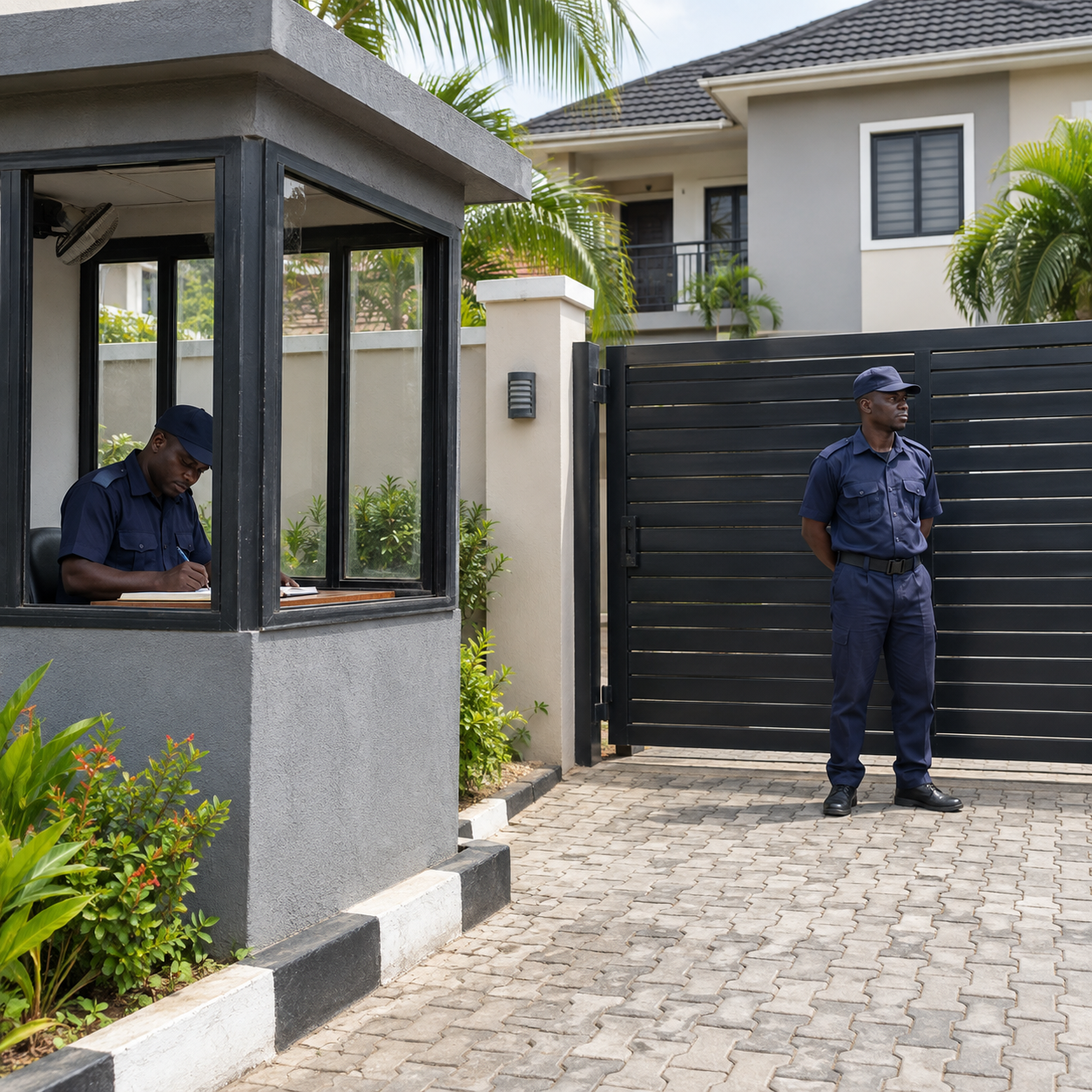 Two unarmed guards at a guardhouse, one recording the duty log