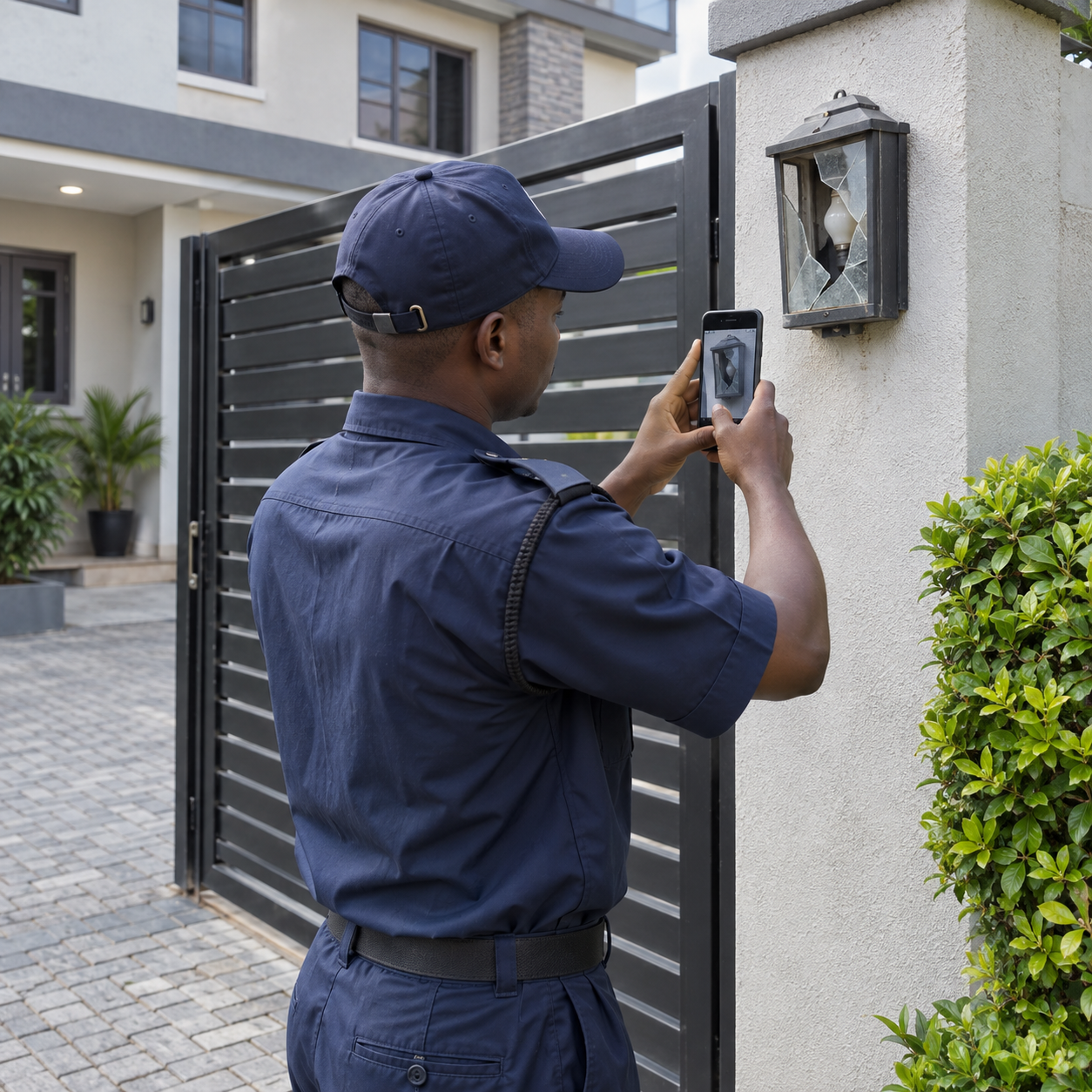 Guard documenting a damaged gate fixture with a phone